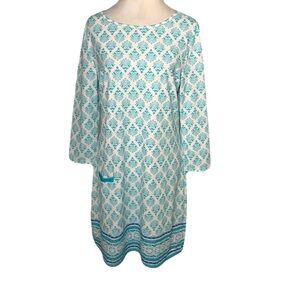 Cabana Life Large Turquoise & White Graphic Print Long Sleeve Dress Resortwear